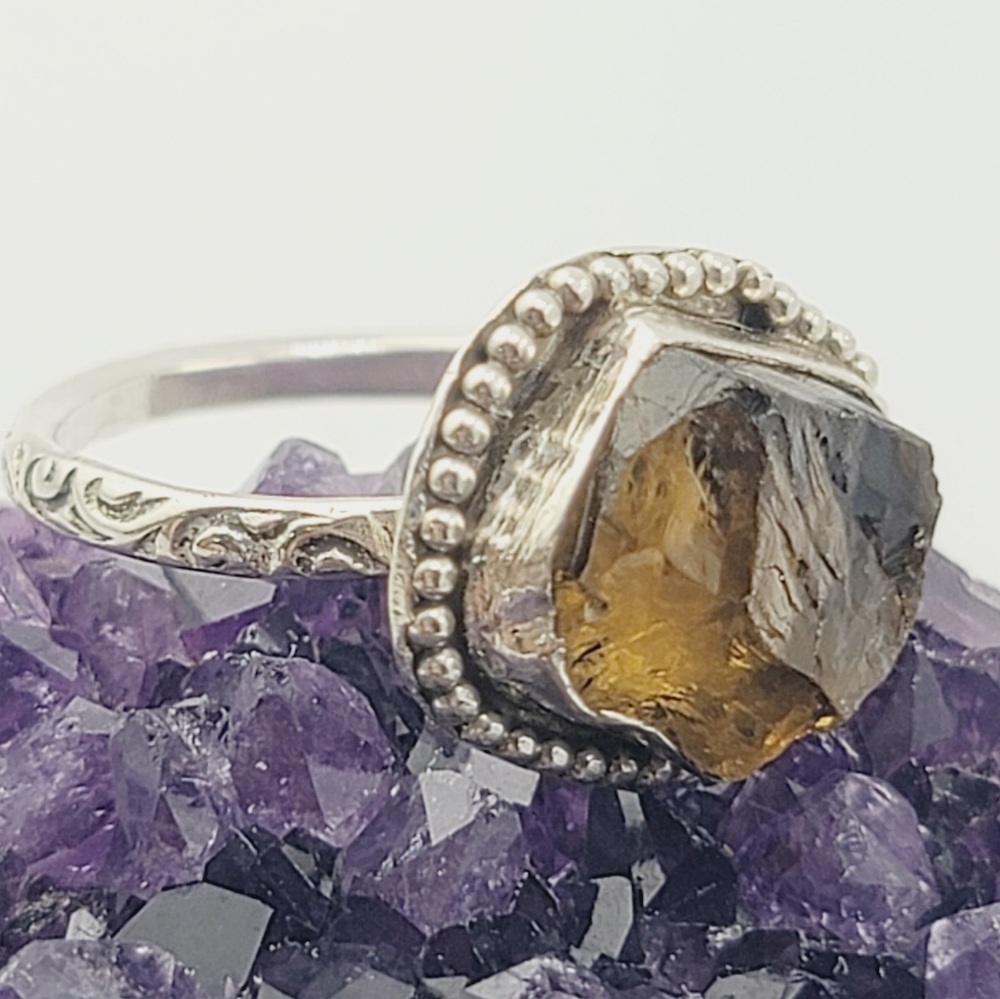QUARTZ RAW BROWN RING HANDMADE IN RECYCLED STERLING SILVER RING SIZE 7 - Picture 2 of 5